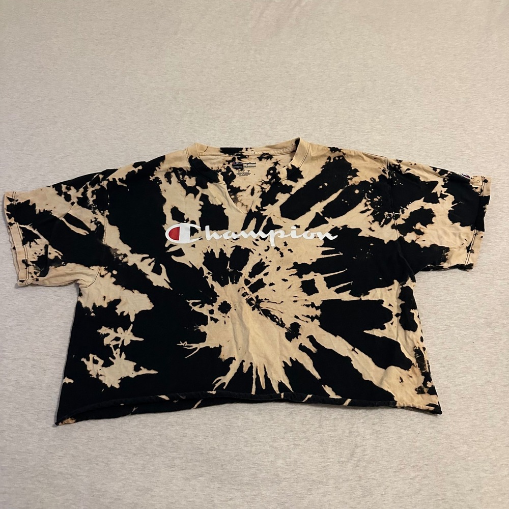 Champion Women Black Tan Bleach Tie Dye Cropped Graphic T-Shirt Distressed Large